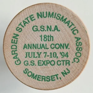 NJ Garden State Numismatic Association 18th Annual Convention 1994 Wooden Token - Picture 1 of 2