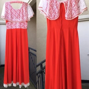 Vintage Maxi Dress Red Polyester White Lace Red Rickrack Hippy Festival 1970s - Picture 1 of 12