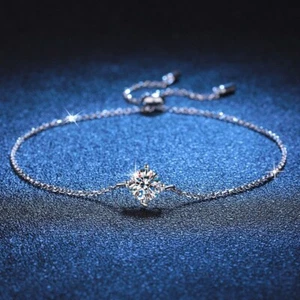 1ct D VVS1 Round Moissanite Bracelet Chain Girl Gift 18K White Gold Plated W/GRA - Picture 1 of 12