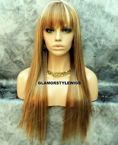 Long Straight Layered W Bangs Medium Blonde Mix Full Synthetic Wig Hair Piece 