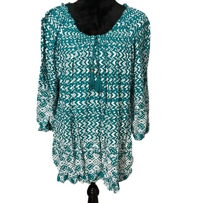 Faded Glory Blouse Womens 1X Teal White Geometric Print Boho Tassel NWT - Image 1 of 4