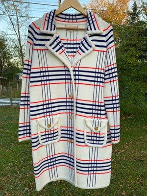 Cárdigan Largo Suéter Granny Boho Cottage L Rojo Blanco Azul Años 60 De Colección Raro Foto 1 de 4