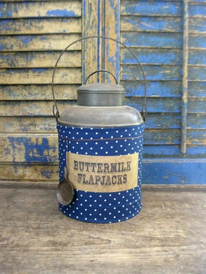 Large  Antique Tin Cream Can Blue Calico Sleeve Buttermilk Flapjacks w Skillet - Image 1 of 4