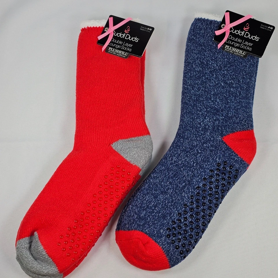 Cuddl Duds 2 Pair Womens Double Layer Lounge Socks Shoe 4-10 Red Blue Plushfill - Image 1 of 4