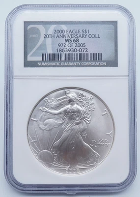 2000 American Silver Eagle NGC MS 68 20th Anniversary 972 of 2005 - U1590 - Image 1 of 4