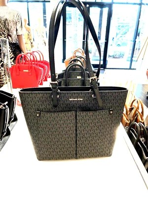 MICHAEL KORS JET SET TRAVEL MEDIUM DOUBLE POCKET TOTE SHOULDER BAG MK BLACK - Image 1 of 4