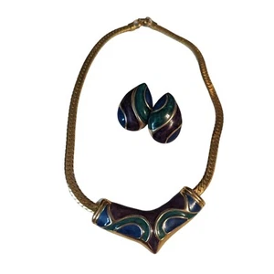Necklace & Earring set Gold Tone blue purple green herringbone style enameled - Picture 1 of 9