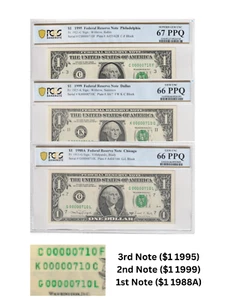 $1 Set of 3 MATCHING SERIAL NUMBERS (00000710) PCGS Graded 67/66/66 Gem UNC - Picture 1 of 3
