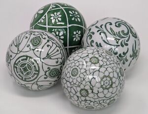Set of 4 Sage Green & White Ceramic Porcelain Decorative Orbs Carpet Balls 3.75"