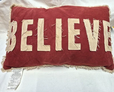 Primitives By Kathy "Believe" Pillow Red & White Candystripe 22"x14"USED - Image 1 of 4