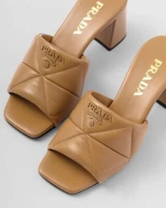 PRADA Logo Padded Diagram Quilted Mules Slides Sandals Heels Shoes Caramel $1120 - Picture 1 of 19