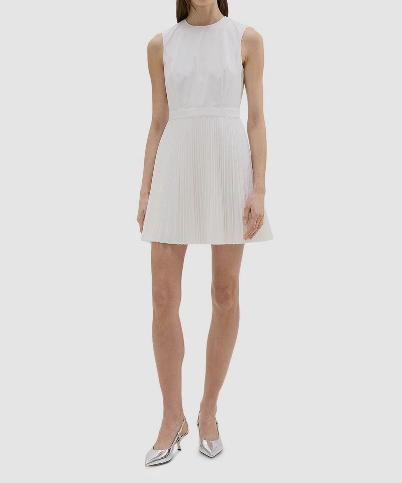 Theory Pleated Mini Dress Women's 0 White Solid Round Neck Back Zip Closure