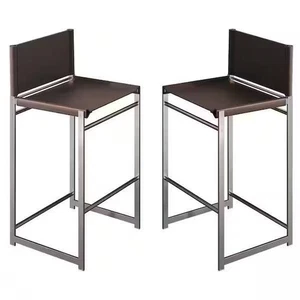 Set of 2 Metal High Outdoor Bar Stool with Coffee Saddle Leather Seat - Picture 1 of 4