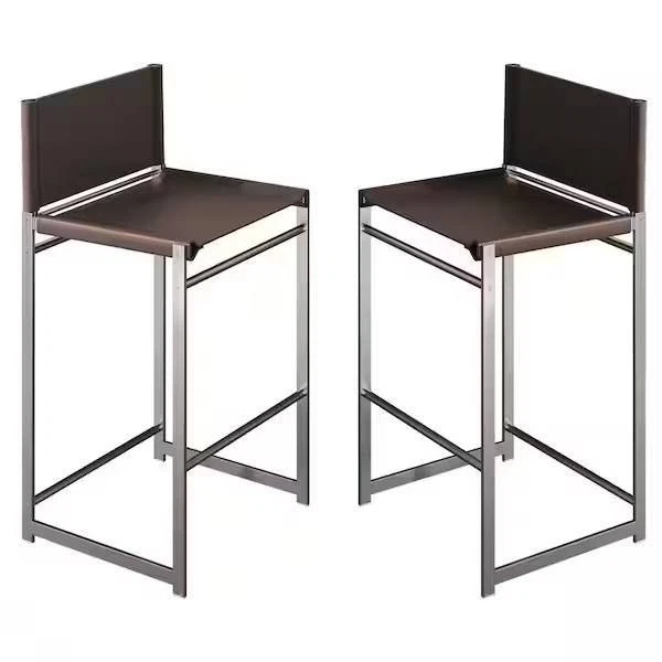 Set of 2 Metal High Outdoor Bar Stool with Coffee Saddle Leather Seat - Image 1 of 4
