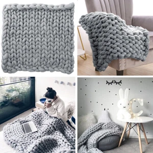 Large Chunky Knitted Blanket Thick Hand Yarn Bulky Woolen Throw Bed Sofa Cover - Picture 1 of 15