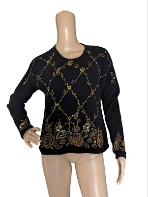 Suéter Vintage Años 80 Negro Angora y Lana Dorado Adornado Con Cuentas Talla Mediana  Foto 1 de 4
