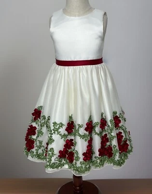 American Princess Ivory Satin With Red Chiffon  Appliqué Tulle Dress  Size 6 - Image 1 of 4