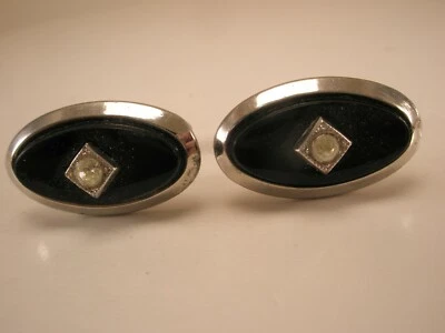 Gemelos SWANK vintage de piedra negra y diamantes de imitación blancos tono plata Foto 1 de 4