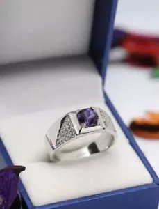 3Ct Round Cut Lab Created Amethyst Men's Wedding Band Ring 14k White Gold Plated - Picture 1 of 10