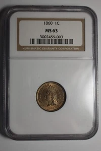 1860 Indian Head Cent MS63 NGC Old Holder - Picture 1 of 3