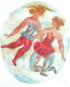Chaim Gross BALLET DANCERS Signed Lithograph Oval Watercolor Ballerinas - Picture 1 of 4