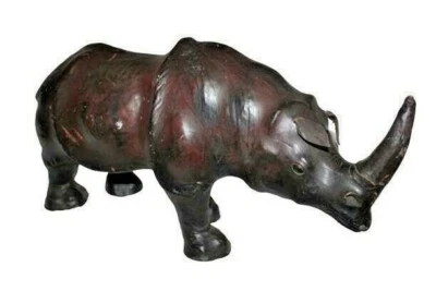 Antiguo taburete de pie pequeño envuelto en cuero marrón rinoceronte 25"x15"x9" estilo Omersa de colección Foto 1 de 4