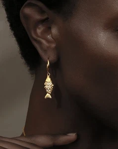 Anthropologie Fish Hoop Earrings Huggie Gold CZ VTG Goldfish Koi Boho Nautical - Picture 1 of 7