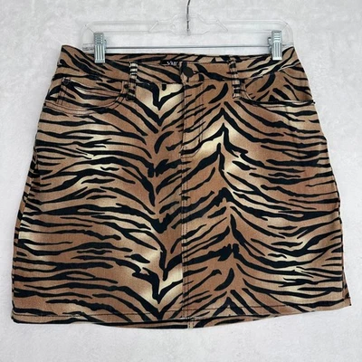 YMI Collections Women's Tiger Print Mini Skirt Size 9 29 Brown Black Denim - Image 1 of 4