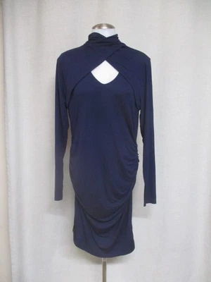 VENUS Navy Blue stretch high neck Draped Crossover Long Sleeve Pullover Dress  L - Image 1 of 4