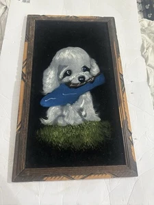 Schwarz Samt Gemälde Welpe Vintage Kitsch Pantoffel Hund große Augen Mexiko gerahmt - Bild 1 von 5
