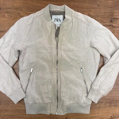 Chaqueta Bomber ZARA Para Hombres S Beige Claro Mezcla de Lino Cremallera Completa Prendas Exteriores Preppy Foto 1 de 4