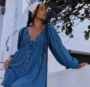 Free People Mini Dress Size M Blue Summer Struttin Babydoll Romantic Peasant - Picture 1 of 8