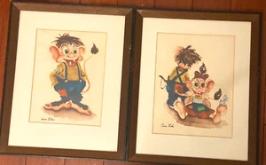 Vtg 2 Signed Watercolor Paintings Troll Gnome Kids Goofy Fun Whimsical Folk Art - Picture 1 of 11