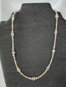 Estate Sale Handmade Artisan Crystal Beaded Necklace-Pink, Clear, Yellow, Silver - Picture 1 of 11