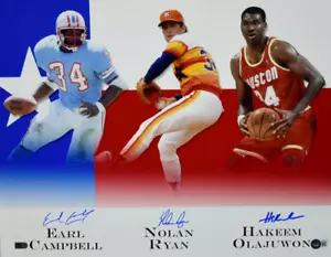 Foto firmata Earl Campbell Nolan Ryan Olajuwon 16x20 Houston 34 leggende - BAW Holo - Foto 1 di 12
