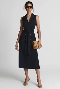 REISS Mariah Linen Belted Button Midi Shirt Dress in Navy Blue - Picture 1 of 7