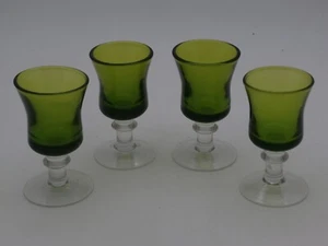 1970's Set/4 Avocado Green/Clear Stemmed Cordial Apertif Shot Barware Glasses - Picture 1 of 16