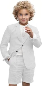 Boy Linen Suit Set 2 Pieces Blazer Short Pants Summer Outfit Wedding Ring Bearer - Picture 1 of 40