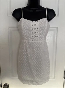 Forever 21 Cottagecore Smocked Mini Dress White Cotton Lace Up Front Size Small - Picture 1 of 5