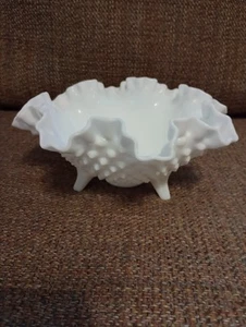 Fenton White Milk Glass Hobnail Crimped/Ruffled Edge Footed Bowl - Picture 1 of 6