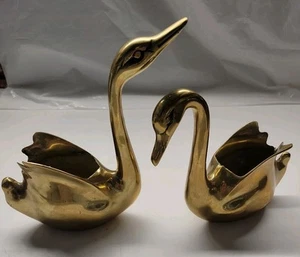 Vintage Mated Pair of Brass Swan Planters Made In Korea 7.5" & 6" - Picture 1 of 8
