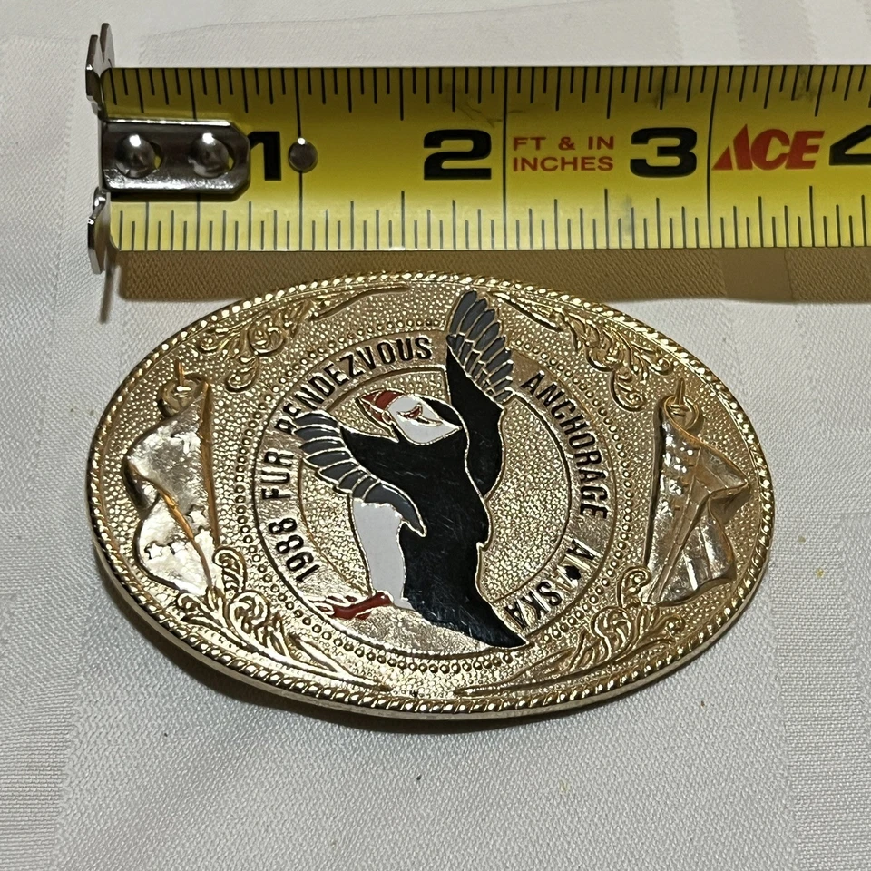 Cinturón de piel de frailecillo 1988 Ancla Alaska 3" 1/2" hebilla de metal esmaltado Foto 1 de 2