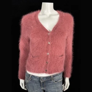 100% Angora Fuzzy CAROLE LITTLE Cinnamon V-Neck Cardigan Sweater 30" bust - Picture 1 of 10