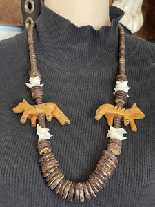 Vintage Tribal Holzimitat Scheibe/Tier Halskette, braun/hellbraun/weiße Farben, - Bild 1 von 7