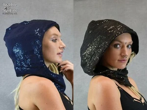 SEQUIN HOOD Sparkle Bonnet Snood Fleece Warm Hippy Psytrance Pixie Fair Trade - Picture 1 of 13