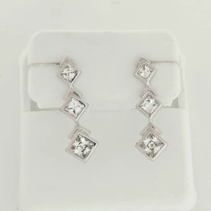 Solid 925 Sterling Silver Sparkling Princess Drop Earrings, 22mm X 7mm Post - Picture 1 of 6