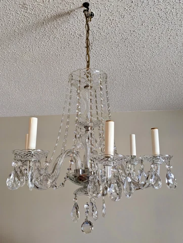 1950s American Brilliant Cut Crystal 6-Arm Candle Chandelier w/41 Large Prisms Cover