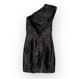 ABS Allen Schwartz Black Mini Dress One Shoulder Silver Metallic Cocktail Sz 0 - Picture 1 of 8