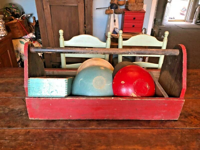 Antique 32" Primitive Large Wood Table Box in Dry Red Paint Folk Art Carry Tote - Image 1 of 4