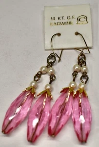 VINTAGE PIERCED EARRINGS PINK PLASTIC with faux pearl  DANGLES GOLD FILLED WIRES - Picture 1 of 2
